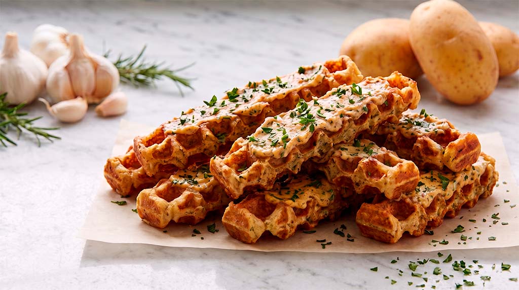 gofres de patata con ajo asado